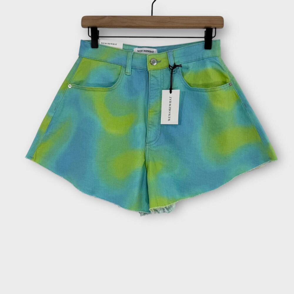 WeWoreWhat Women’s Size 27 Blue Green Tie Dye Flare Bell Denim Shorts New